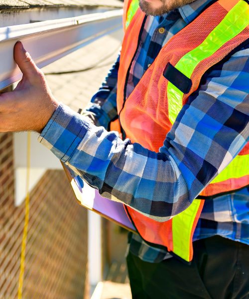 A man in a safety vest is working on a roof