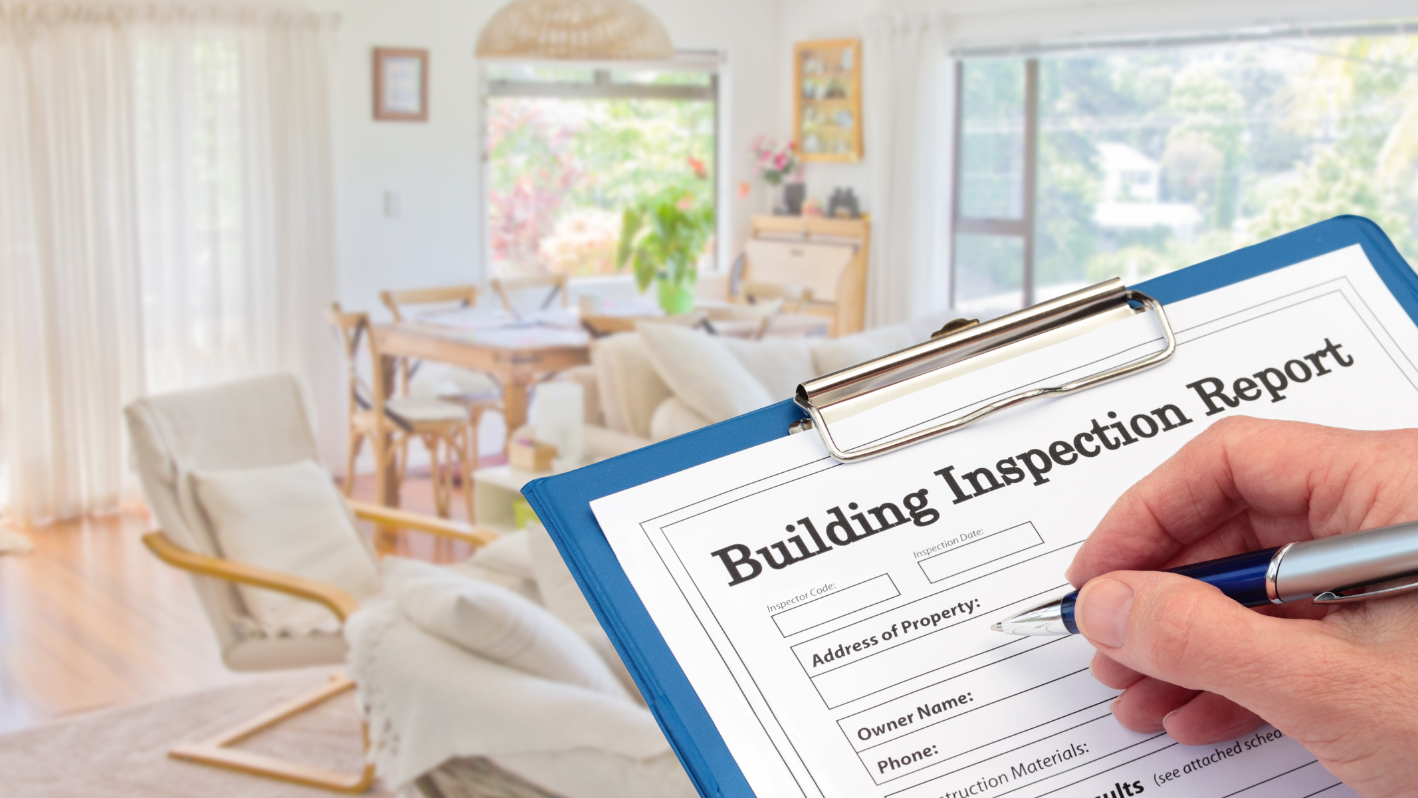 A person holding a clipboard with a building inspection report on it